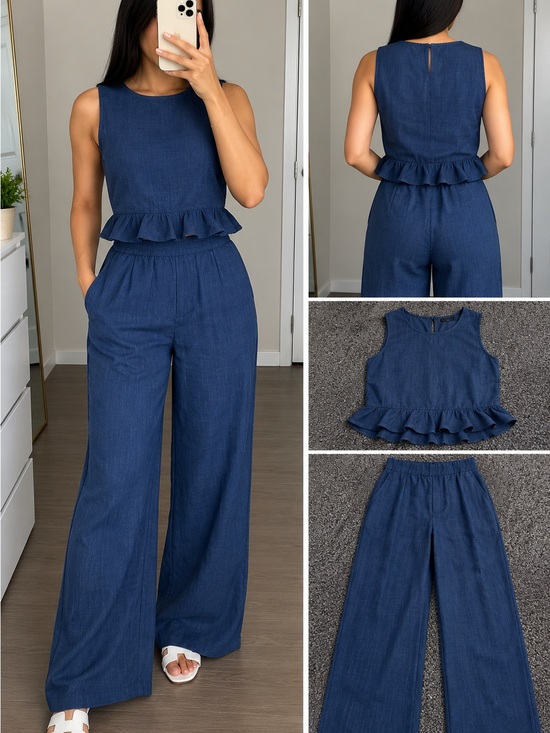 Pants - Sleeveless Ruffle-Waist Wide Leg Jumpsuit - Navy